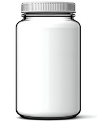 Empty Clear Glass Jar with Silver Lid on White Background. Mock up promotion information for marketing announcements and details, blank white space.