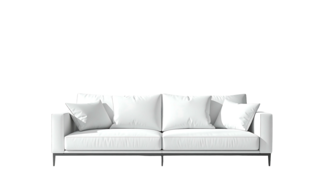 Clean, minimalist white sofa with square arms, low profile, and three back cushions, two accent pillows, and thin dark metal legs against a black background