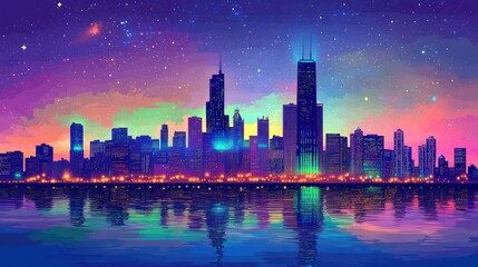 Obraz premium Colorful Cityscape Reflection Under Starry Night Sky Digital Art