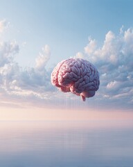 human brain floating in pastel sky, surreal medical concept, copyspace