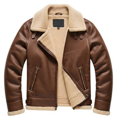 Naklejka premium Stylish brown leather aviator jacket with shearling lining on transparent background