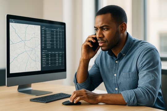 Man talking on phone while analyzing transportation data on desktop computer with digital map interface in bright office background concept. Ai generative