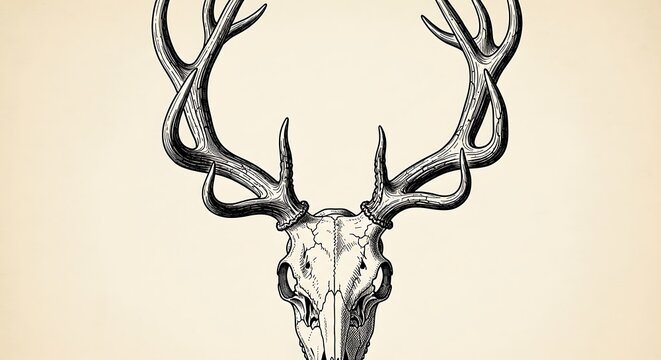 Detailed illustration of deer skull with majestic antlers in stark black and white