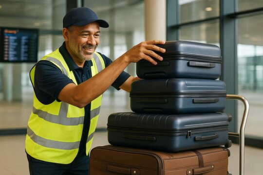 Smiling airport worker in high-visibility vest arranging stacked suitcases on luggage cart with glass terminal background in daylight setting. Ai generative