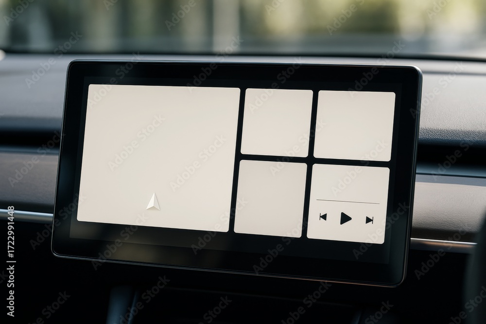 Poster close-up of modern car dashboard touchscreen with minimal interface and media controls in soft natur