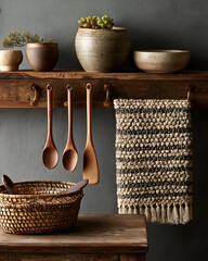 Rustic Wooden Kitchenware Still Life on Shelf Against Gray Wall. Mock up promotion information for marketing announcements and details, blank white space.