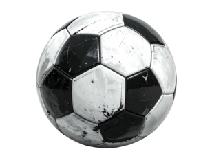 Worn black and white soccer ball with a distressed, scratched surface; classic pentagon and hexagon panel design