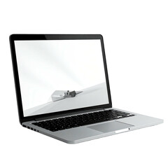 Sleek silver laptop angled left, displaying a minimalist white 3D rendered scene on its screen