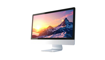 Sleek silver all-in-one desktop computer displaying a vibrant mountain sunset landscape on its widescreen monitor