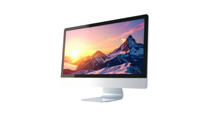 Sleek silver all-in-one desktop computer displaying a vibrant mountain sunset landscape on its widescreen monitor