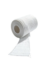 A neatly rolled-up, white, cloth bandage with a portion unfurled, rests on a transparent background
