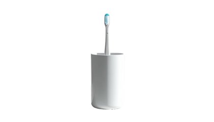 A minimalist white toilet brush with a light blue bristle head sits in a cylindrical holder