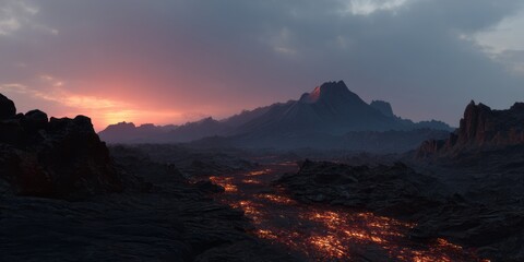 Fototapeta premium Volcanic eruption landscape hdr panoramic view remote location at dusk