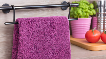 Plush Purple Towel Hanging in Modern Kitchen Interior. Mock up promotion information for marketing announcements and details, blank white space.