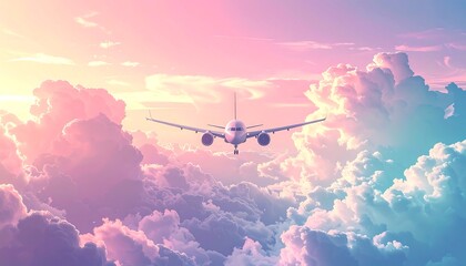 A plane flies toward the camera, bathed in warm sunset hues. Surrounded by fluffy, colorful clouds, creating a serene, dreamy scene