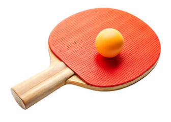 Red ping pong paddle with orange ball on white background angled view table tennis isolated on a transparent background