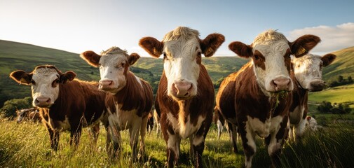 The group of cows grazing peacefully in a scenic rural landscape.