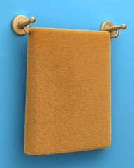 Soft Orange Towel Hanging on Gold Rack on Blue Wall. Mock up promotion information for marketing announcements and details, blank white space.