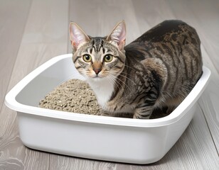 Tabby cat using litter box
