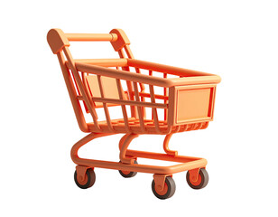 Miniature orange shopping cart with four wheels, slightly angled, rendered in a 3D style, against a black background
