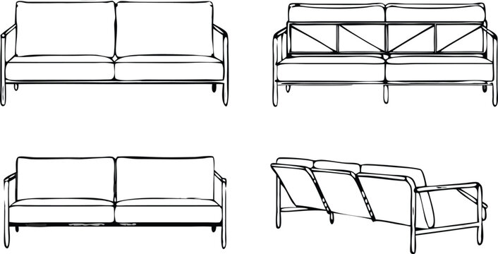 Vector art of technical drawing of a modern sofa from front, back, top, and side views 
