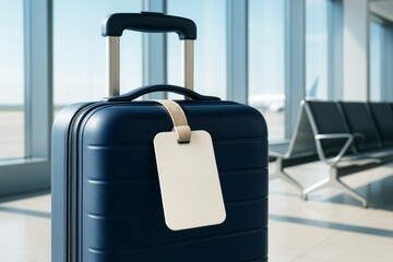 Closeup of modern navy suitcase with blank luggage tag in empty airport terminal, ideal for branding or travel design mockup presentation purposes. Ai generative