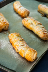 Puff pastry braid with jam filling. Baked goods. Desserts. Food concept.
