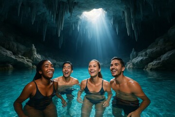 Group of diverse friends swimming in a beautiful turquoise cave pool with sun rays shining through ceiling opening, enjoying adventure together. Ai generative