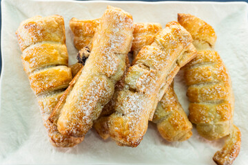 Puff pastry braid with jam filling. Baked goods. Desserts. Food concept.