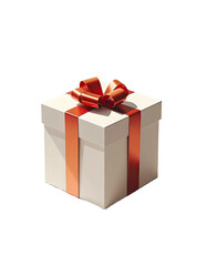 A pristine white square gift box adorned with a vibrant, glossy, orange-red ribbon tied in a classic bow