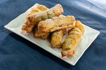 Puff pastry braid with jam filling. Baked goods. Desserts. Food concept.
