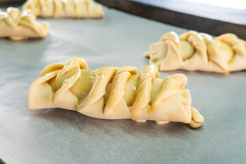 Puff pastry braid with jam filling. Baked goods. Desserts. Food concept.