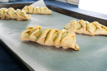 Puff pastry braid with jam filling. Baked goods. Desserts. Food concept.