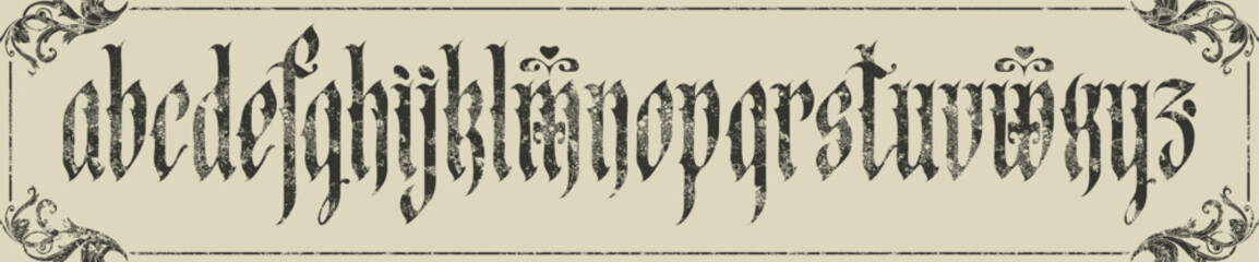 Gothic Font. A set of distressed English alphabet letters in a vintage style. Medieval Latin letters. Vector calligraphy and lettering, framed with an elegant, graceful pattern and decor. No AI