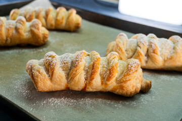 Puff pastry braid with jam filling. Baked goods. Desserts. Food concept.