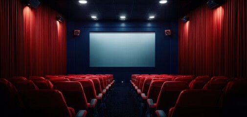 The empty cinema featuring red seating and a large projection screen.