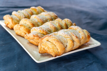Puff pastry braid with jam filling. Baked goods. Desserts. Food concept.