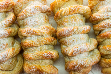 Puff pastry braid with jam filling. Baked goods. Desserts. Food concept.