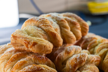 Puff pastry braid with jam filling. Baked goods. Desserts. Food concept.