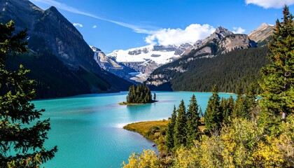 Turquoise lake mirrors surrounding mountains and forest under a blue sky with wispy clouds, showcasing serene natural beauty