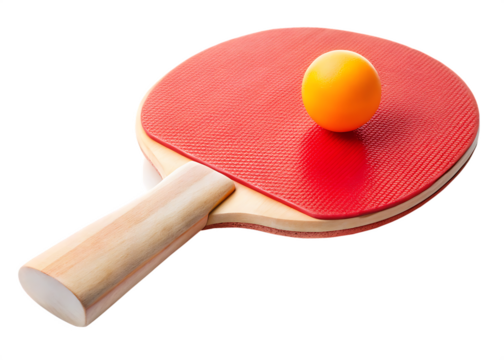 Red ping pong paddle with orange ball on white background table tennis racket isolated on a transparent background