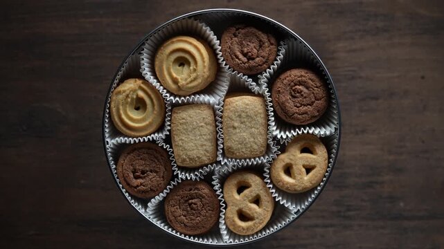 Crispy crumbly shortbread cookies in a round metal box on wooden table, top view, close up, rotates