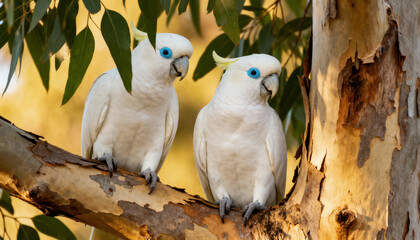 two blue-eyed cockatoos sit on a tree branch (cacatuidae)