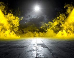 Smoky, yellow stage backdrop with spotlights