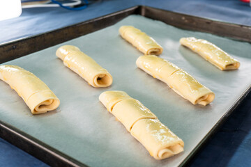 Puff pastry braid with jam filling. Baked goods. Desserts. Food concept.