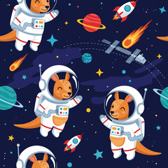 Cute kangaroo astronauts exploring colorful deep space with rockets and planets Fun childrens pattern
