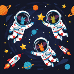 Cute bats in astronaut suits exploring space with planets and stars Fun adventure for kids