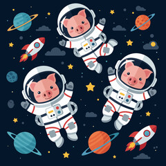 Cute pig astronauts joyfully explore a vibrant galaxy with planets and rockets Childhood dreams