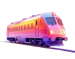 Sleek, modern passenger train rendered in vibrant, gradient hues of pink, orange, and purple, traveling on a dark track against a black background