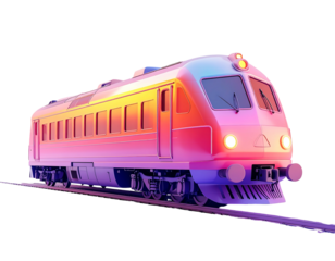 Sleek, modern passenger train rendered in vibrant, gradient hues of pink, orange, and purple, traveling on a dark track against a black background